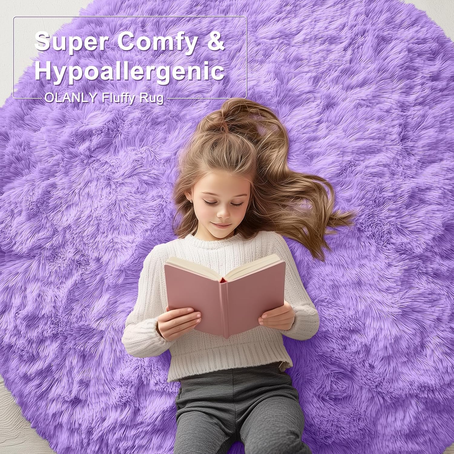 OLANLY Purple Round Area Rug - Soft, Fluffy, Machine Washable 7 ft Circle Carpet for Bedrooms & Nurseries