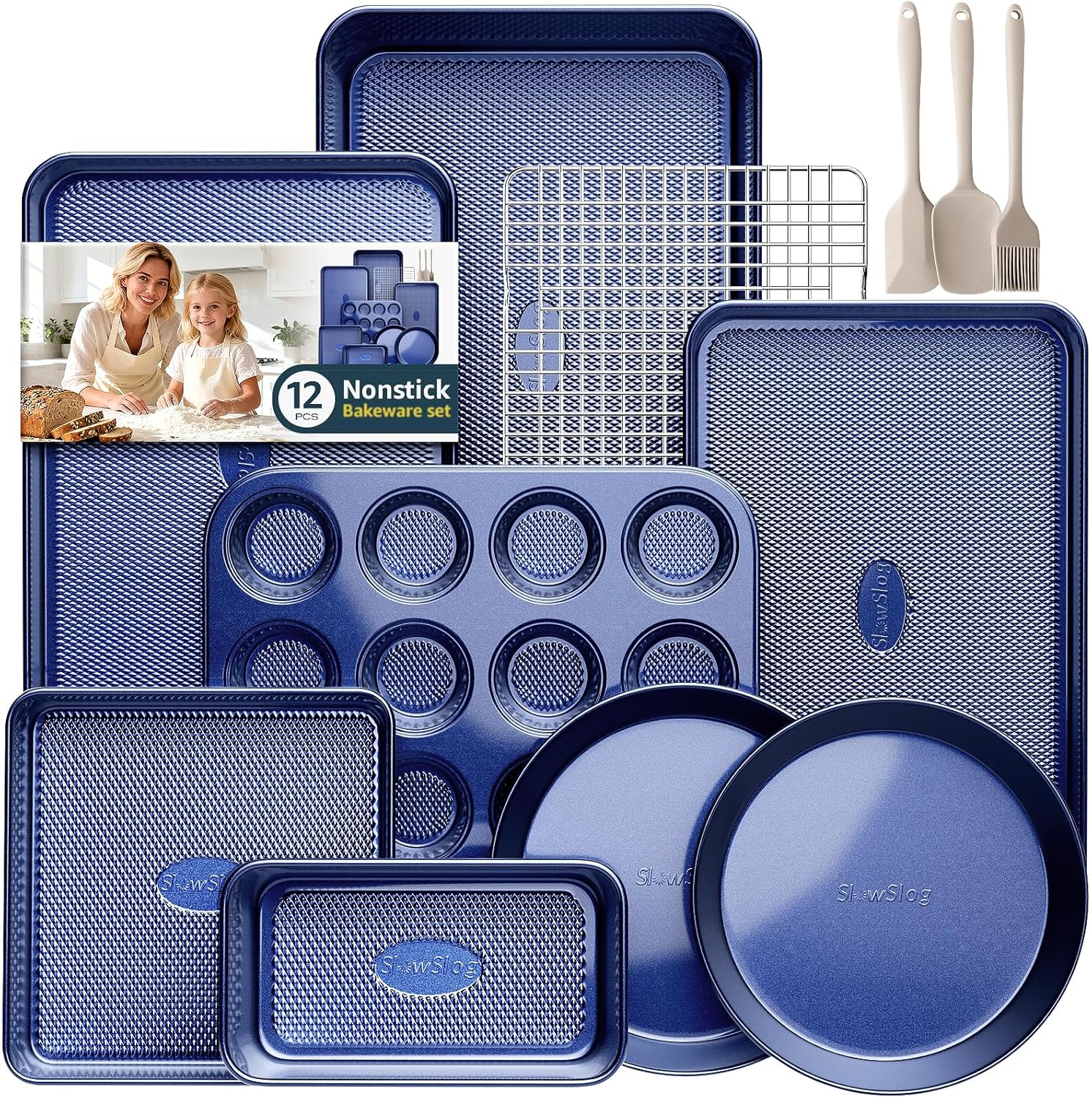 Regine Switzerland 12-Piece Nonstick Bakeware Set - Oven Safe Ceramic Coated in Blue with Essential Utensils