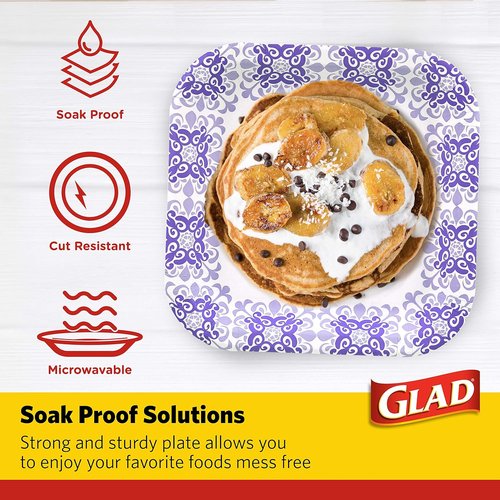 Glad Square Disposable Paper Plates - Heavy Duty, Soak Proof & Microwaveable | 8.5" Diameter, 50 Count