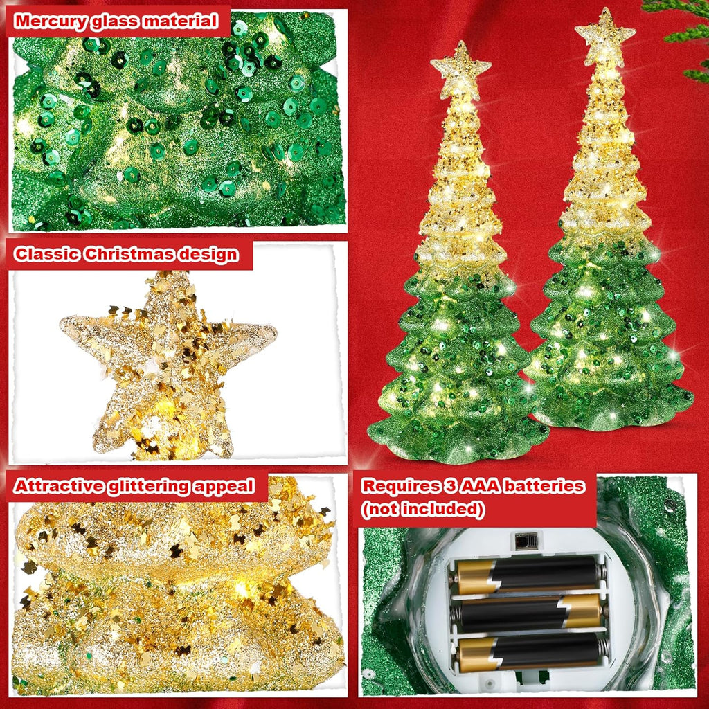Mercury Glass Christmas Tree - Illuminated Tabletop Decor | 11.6" Gold Battery-Operated Centerpiece