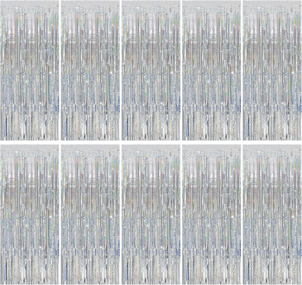 Regine Switzerland Tinsel Curtain Backdrop - Silver Glitter Foil Fringe for Parties | 10 Pack