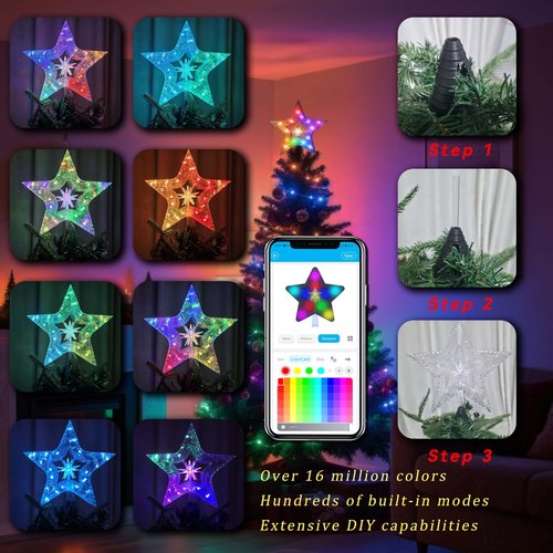 10" Christmas Tree Star Topper with Lights, Shatterproof Plastic Star Christmas Tree Topper Lighted for Christmas Tree Decorations, RGB Glow & USB Plug in