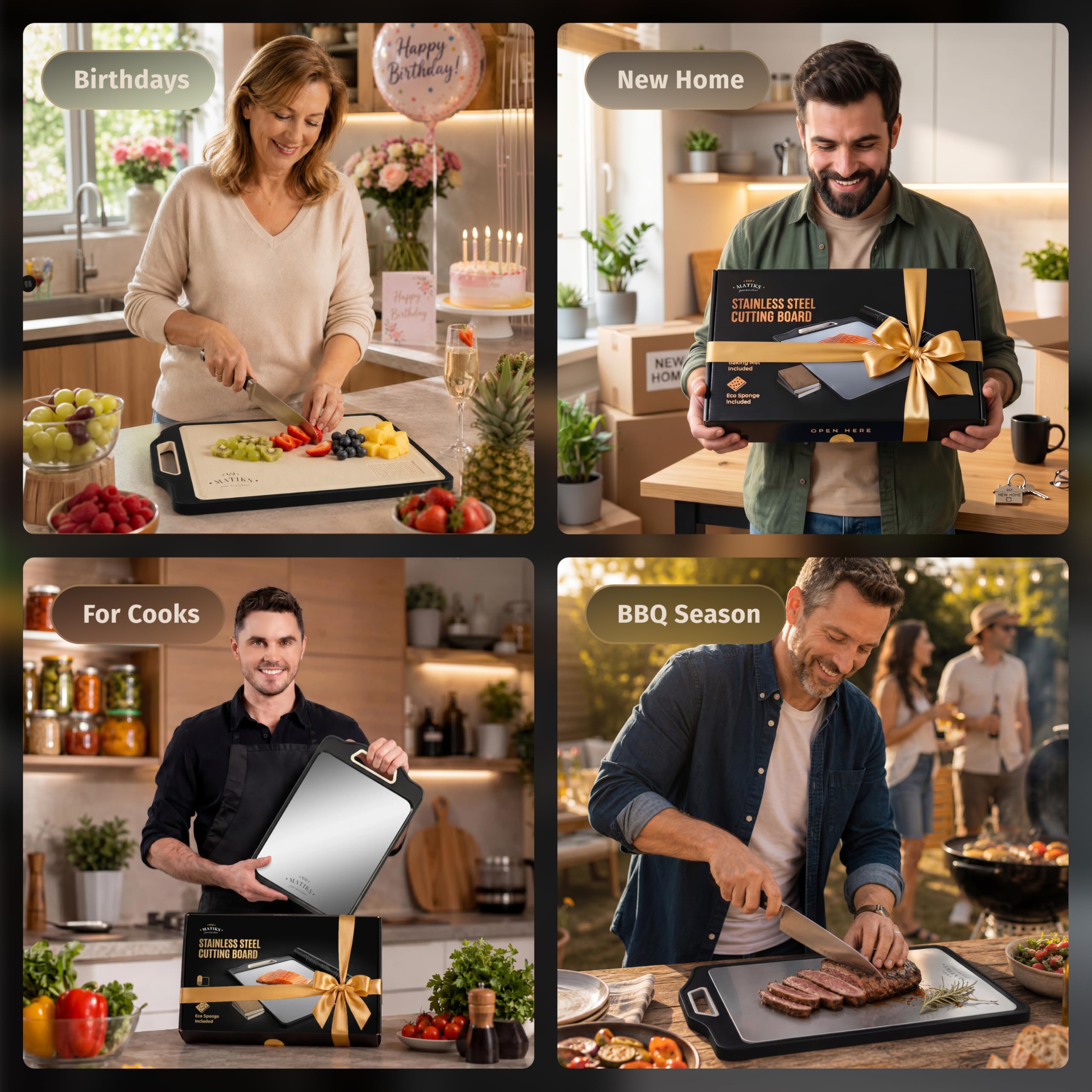 Matiks 316 Stainless Steel Cutting Board Set Double Sided, Dishwasher Safe - 11th Wedding Anniversary Steel Gift - Housewarming Gifts New Home Kitchen - First Home Cooking Gift for Men, Women, Couples