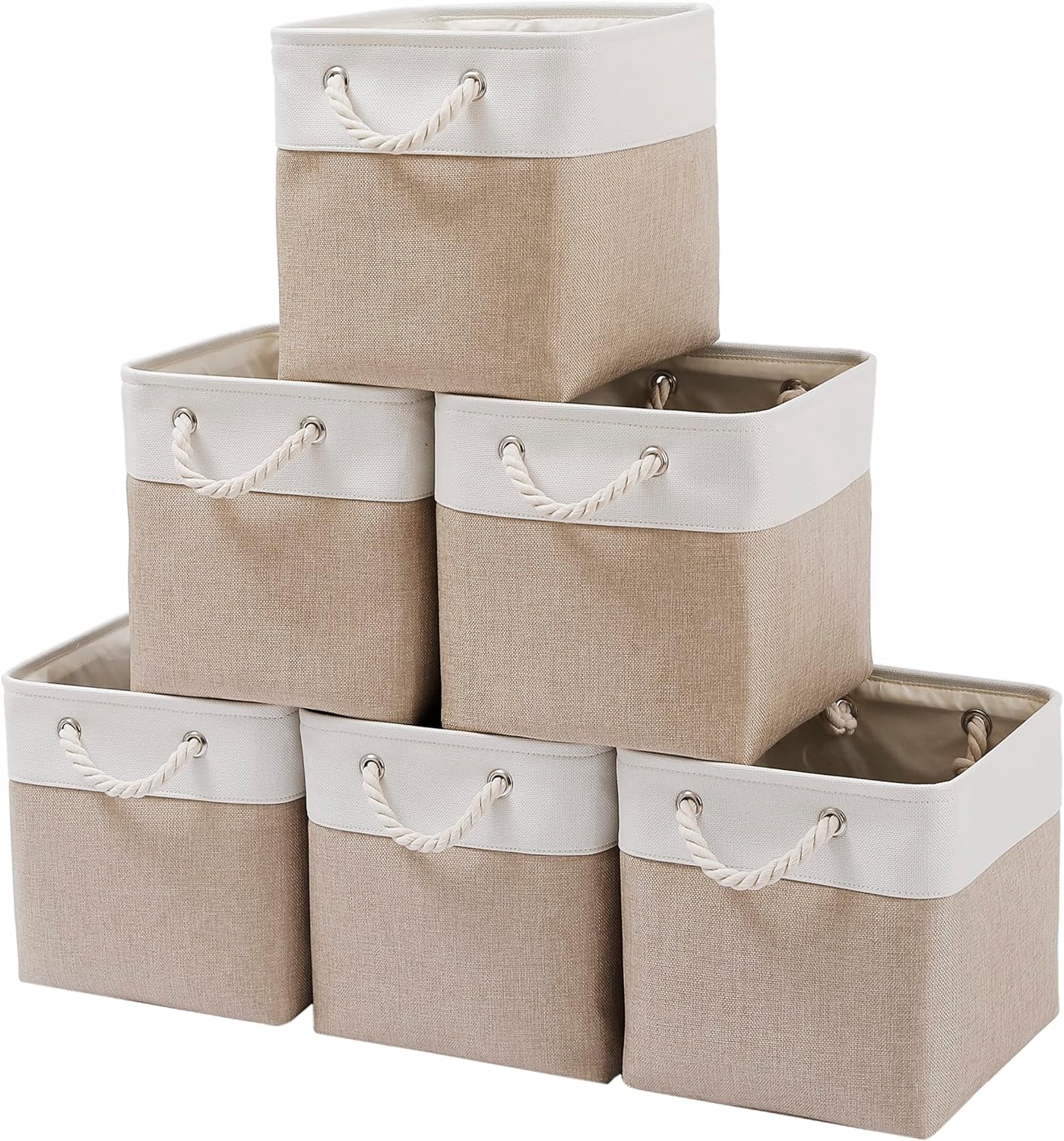MidmmVick Cube Storage Bins - 6 Pack Large Collapsible Fabric Organizers | Foldable 11"x11" for Home & Office (White & Beige)