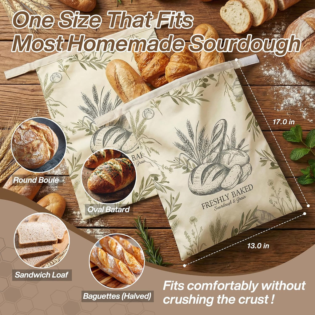 Beeswax Bread Bags - 2 Pack Cotton & Beeswax Zipper Bags for Sourdough | Large 17"×13" Freezer Safe