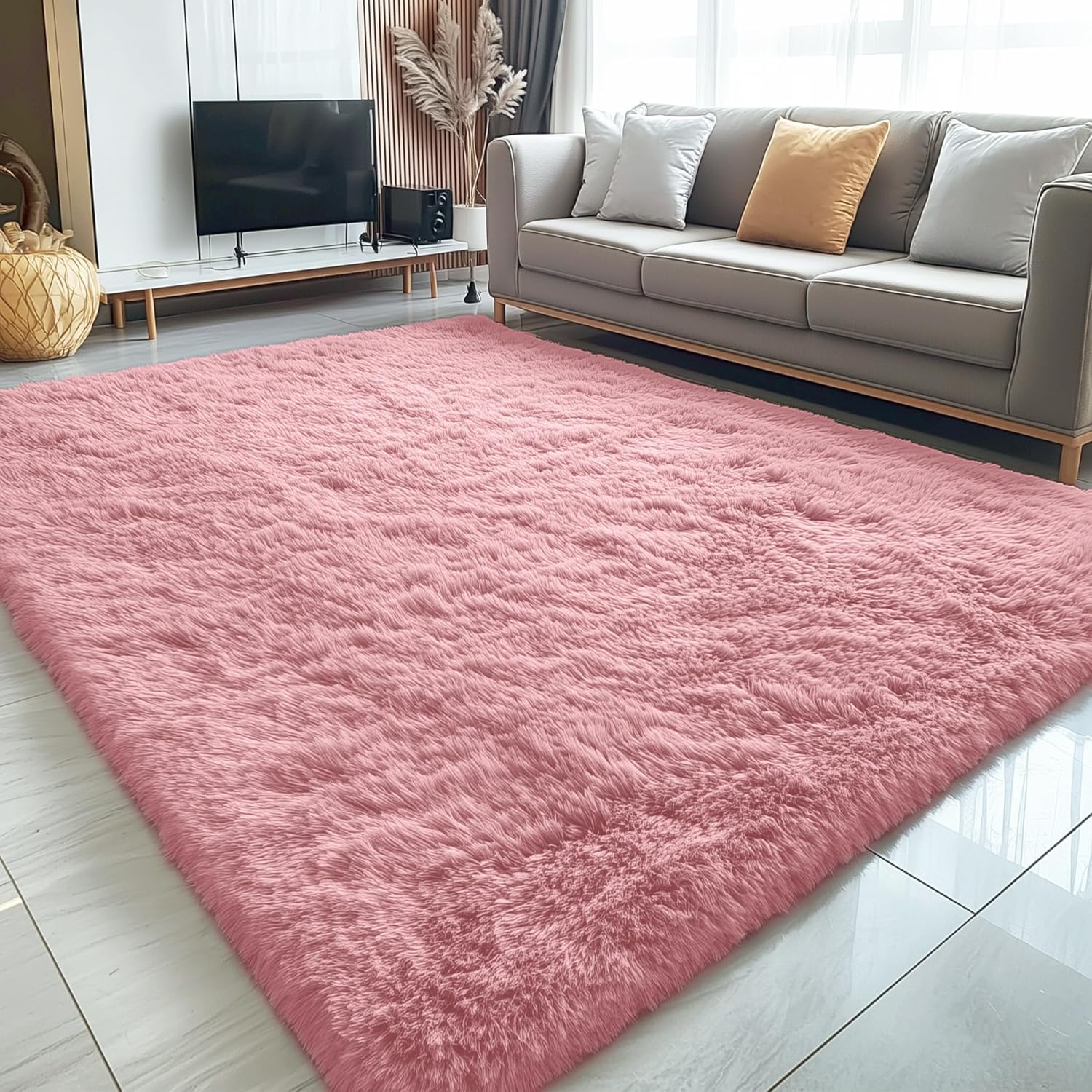 OLANLY 5x7 Large Area Rug - Soft Fluffy Shaggy Carpet for Living Room & Bedroom | Pale Pink Home Decor