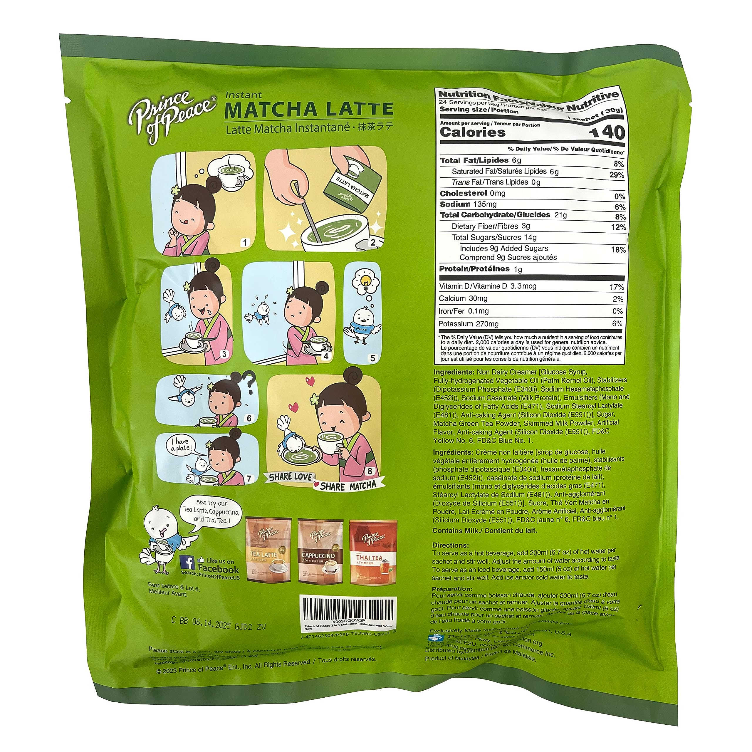 Prince of Peace 3 in 1 Matcha Latte Instant Beverage, 24 Sachets – Made with Matcha Powder from Japan - Instant Hot or Cold Beverage – Easy to Brew – Rich and Creamy Taste – Just Add Water