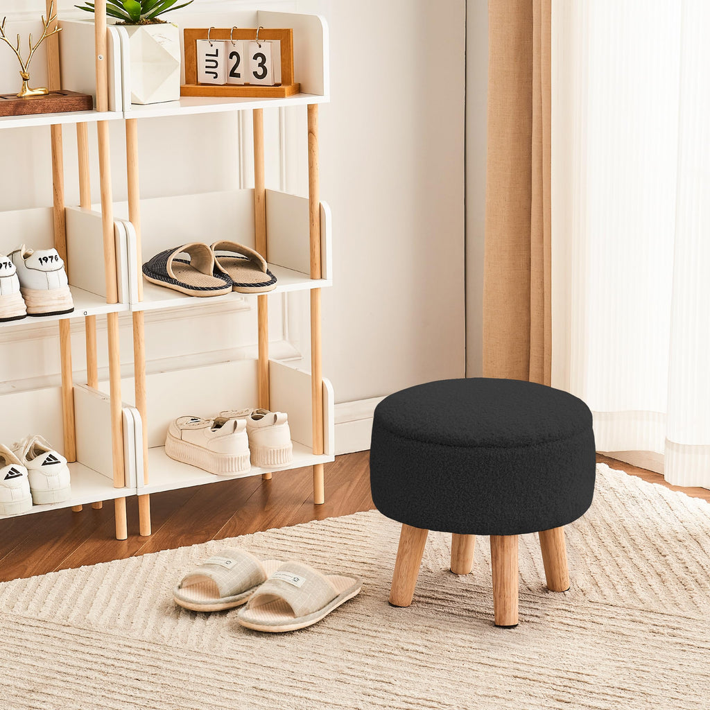Poofzy Small Ottoman with Storage, Small Foot Stool Ottoman with Wood Legs, Sherpa Foot Rest for Couch, Living Room and Bedroom - White