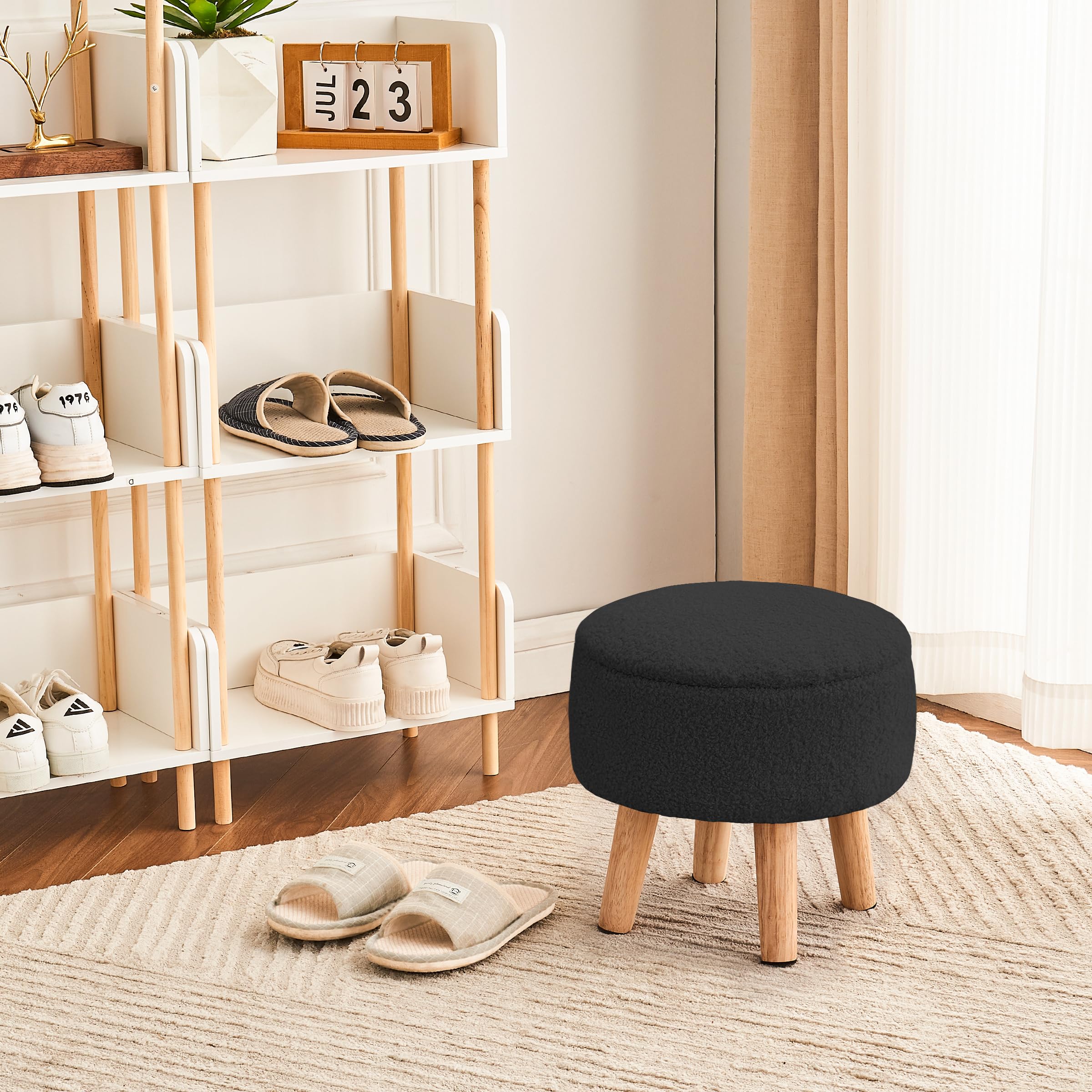Poofzy Small Ottoman with Storage, Small Foot Stool Ottoman with Wood Legs, Sherpa Foot Rest for Couch, Living Room and Bedroom - White