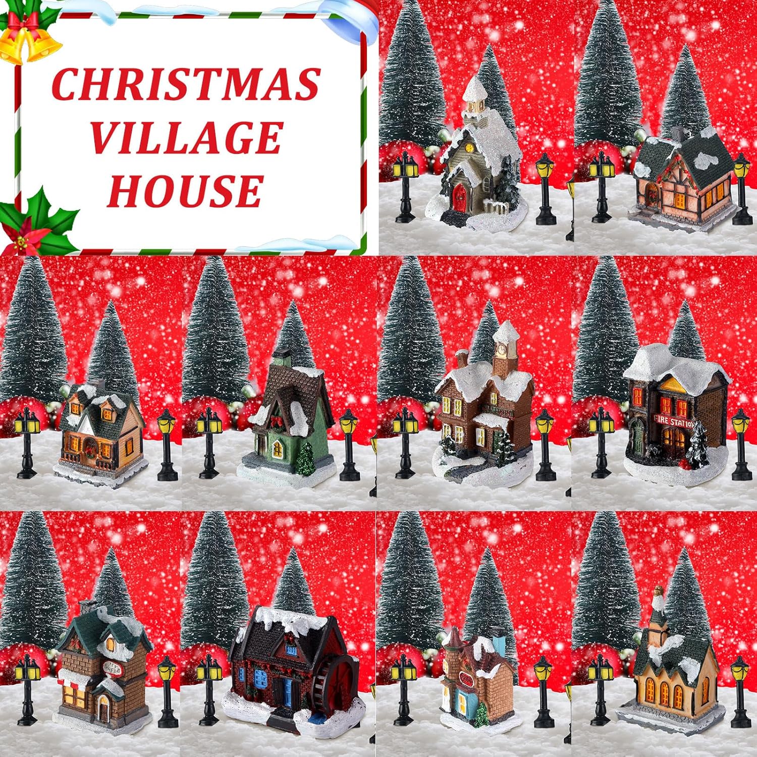 Shappy Christmas Village Houses Set - 48 Pcs with 10 LED Lights, Mini Trees & Snow Blanket