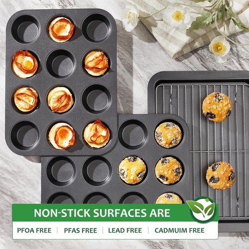 HONGBAKE Nonstick Muffin Pan - 12-Cup Baking Tray Set, Dishwasher Safe | Dark Grey Finish