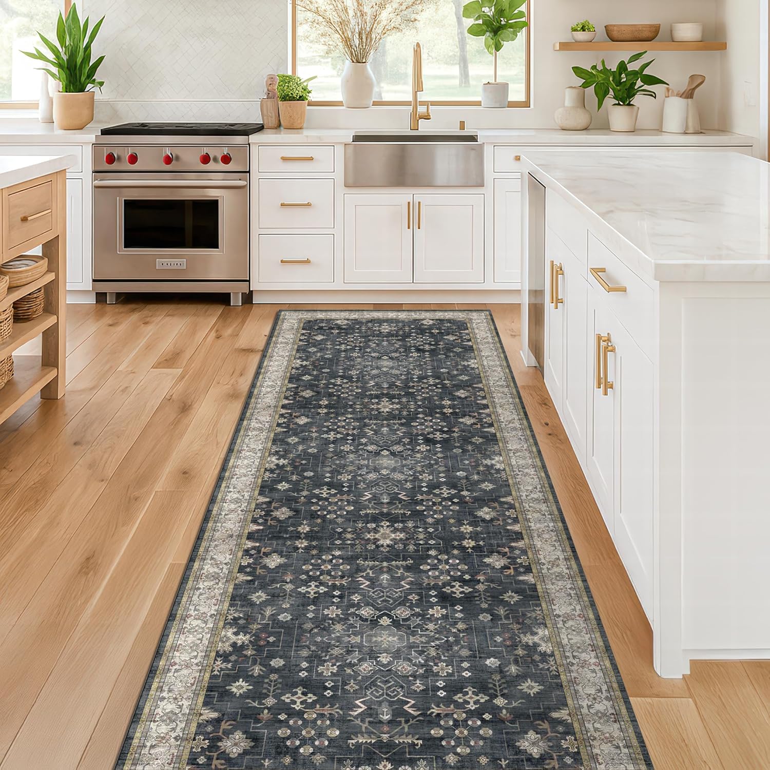 Skiennix Black Washable 10ft Long Runner Rug - Non-Slip Rubber Backing | Boho Vintage Style for Hallways & Kitchens