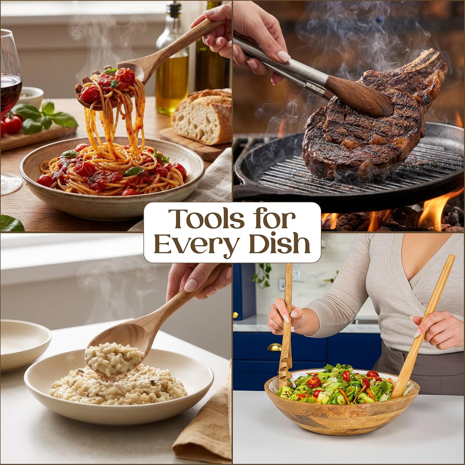 Skiennix 8-Piece Teak Wooden Cooking Spoons Set - Smooth Sanded Utensils with Comfortable Grip Handles