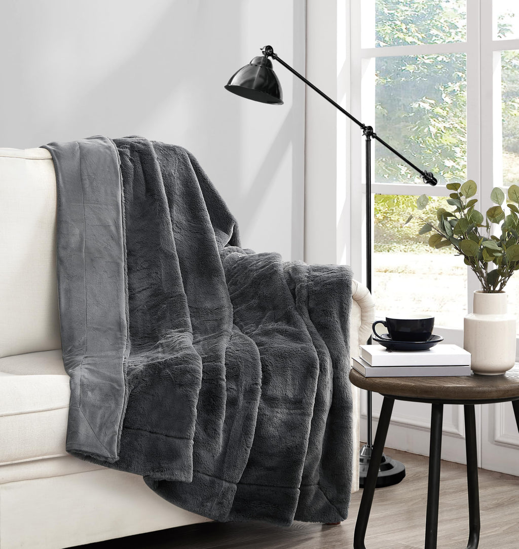 Vince Camuto Faux Rabbit Fur Grey Polyester 1-Piece 60x70 Throw Blanket, Solid Color, 100% Polyester, for Men and Women, Oeko-TEX Certified Confidence
