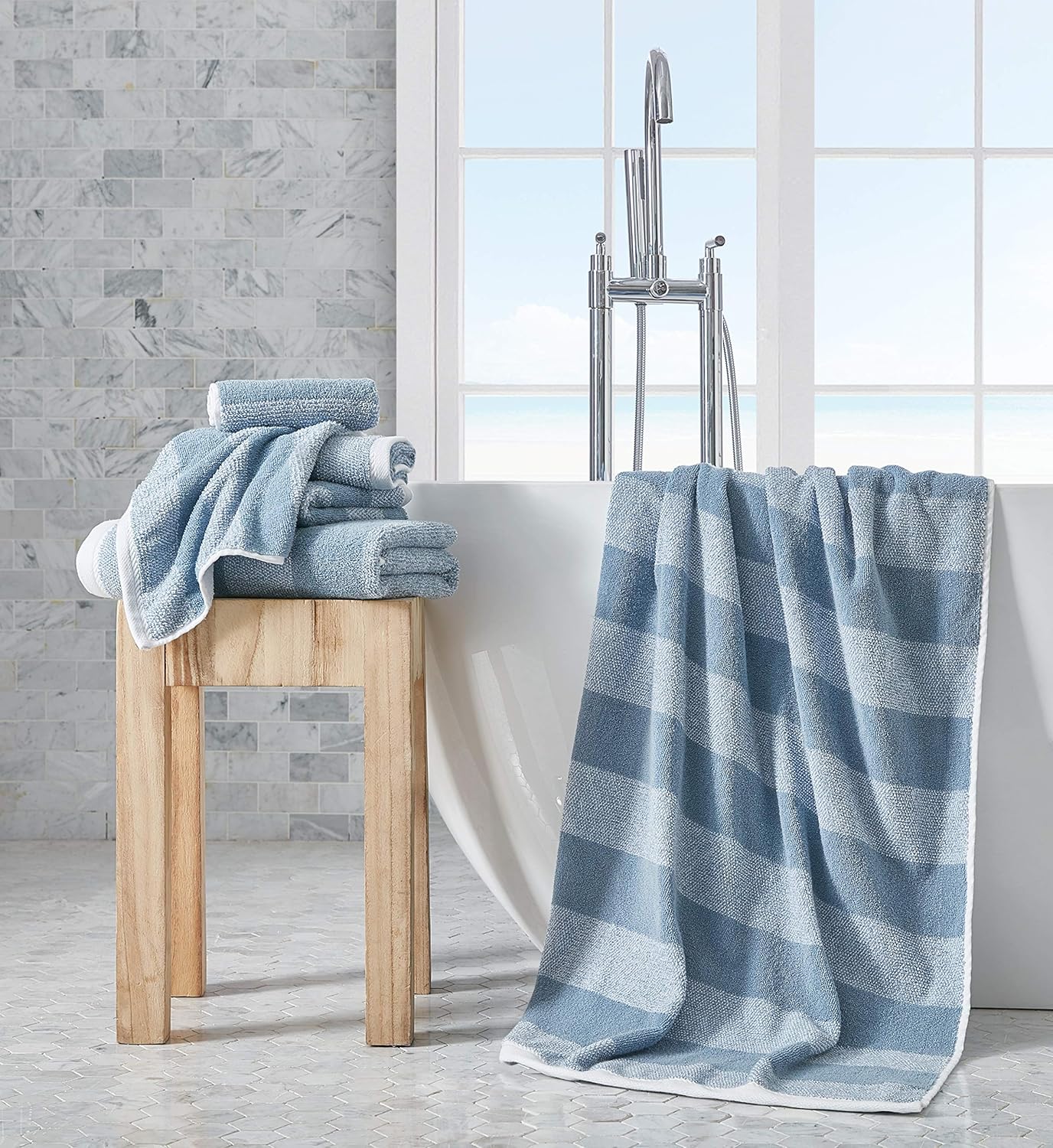 Nautica Bath Towel Set - Plush Cotton, Absorbent & Quick-Dry | Striped Americana Decor, Set of 6 in Oak Lake Blue