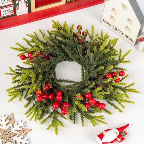 Christmas Candle Rings by [Brand Name] - 11.6 Inch Artificial Pine & Red Berries | Perfect for Holiday Decor & Centerpieces