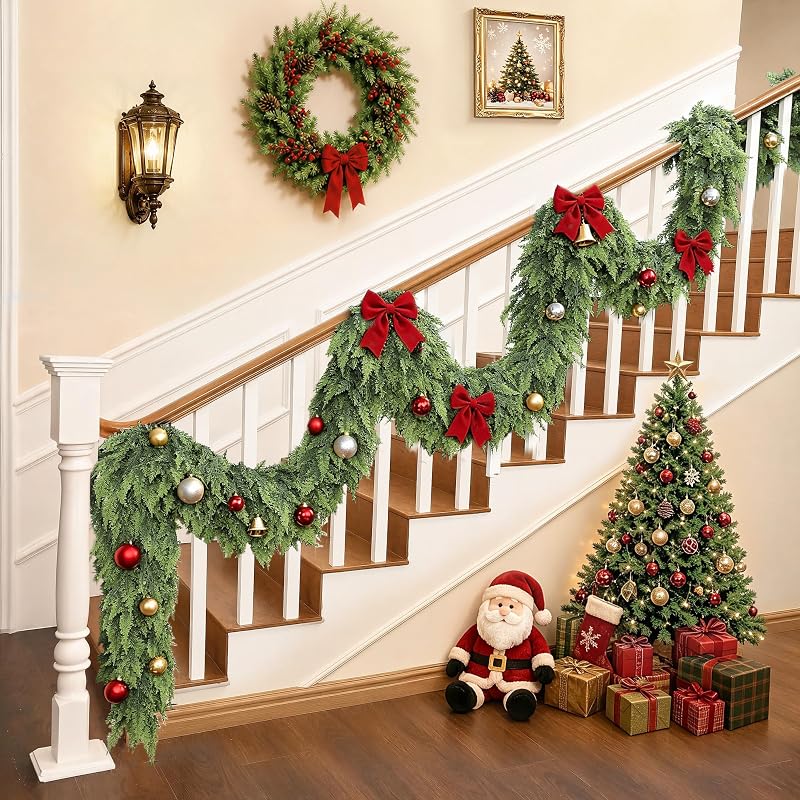 Christmas Cedar Garland 6ft Real Touch Upgrade Large Branches - Lush Faux Pine for Mantle & Holiday Decor (Variation: Christmas Green+1+6ft)