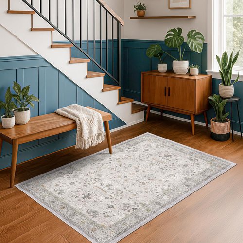 Hazo Haus Boho 4x6 Living Room Rug - Light Grey Vintage Floral Design | Washable Non-Slip Area Rug