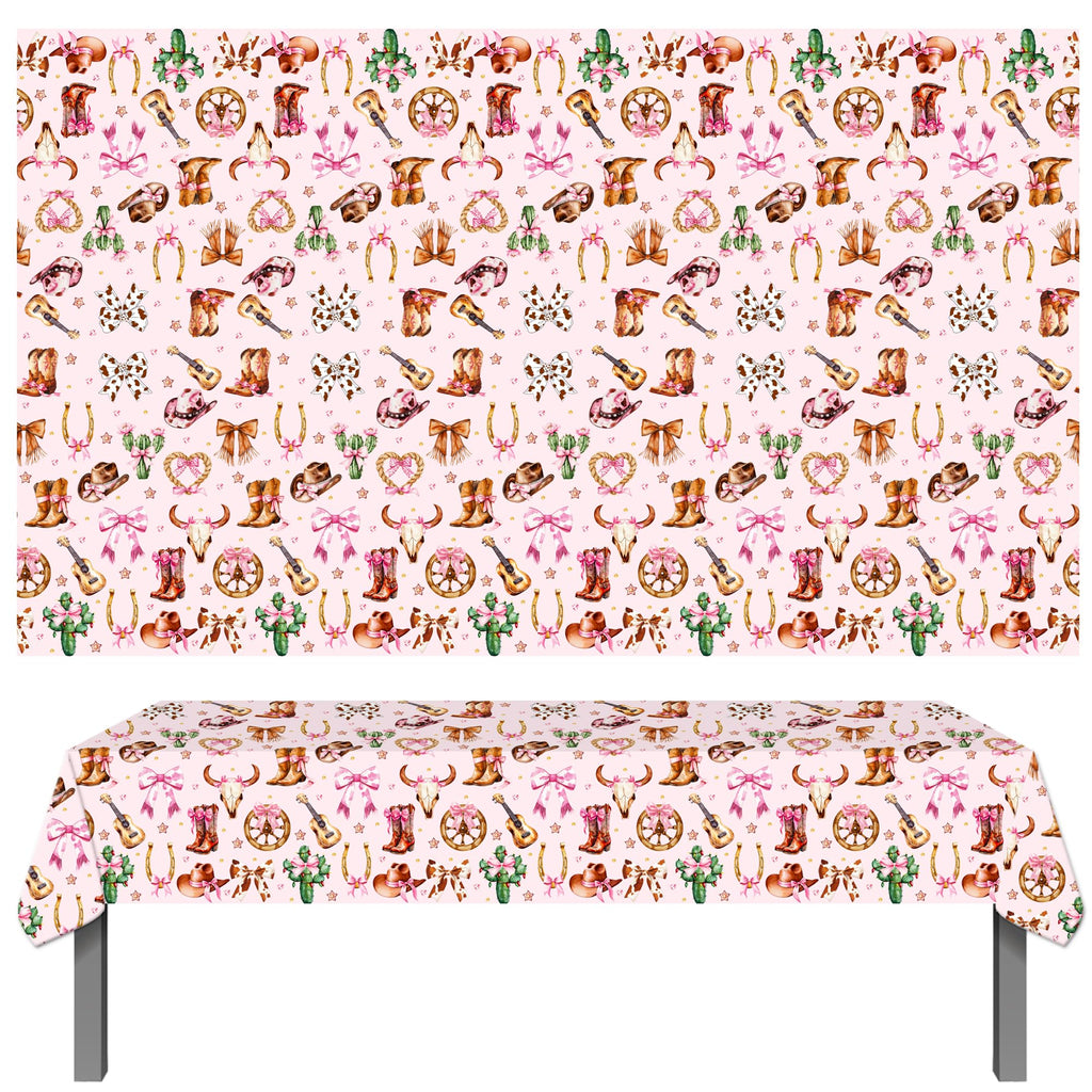 umoni Cowgirl Party Supplies Pink Western Cowgirl Tablecloth 2PCS Coquette Cowgirl Party Supplies Tablecover Disposable Wild West Guitar Bow and Boot Table Cover for Birthday Baby Shower Decor