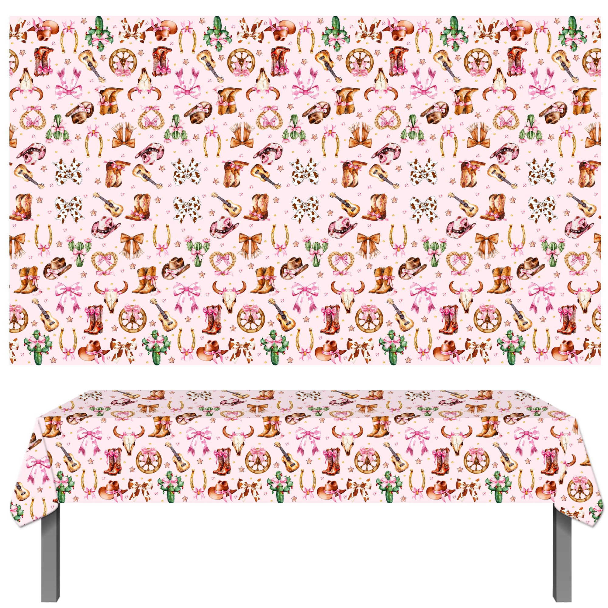 umoni Cowgirl Party Supplies Pink Western Cowgirl Tablecloth 2PCS Coquette Cowgirl Party Supplies Tablecover Disposable Wild West Guitar Bow and Boot Table Cover for Birthday Baby Shower Decor