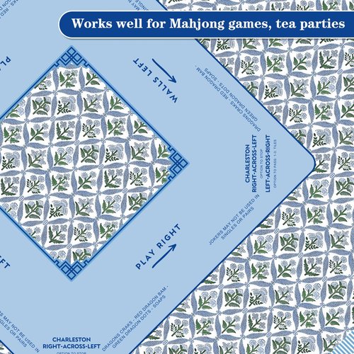Hillsuren Mahjong Tablecloth 55" x 55" Polyester Blue Block Print Floral Flower Square Instructional Design with Rules for Family Game Night Party Favor Supplies