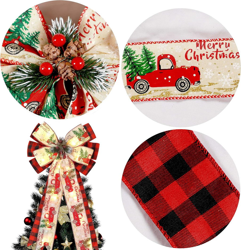 Regine Switzerland Christmas Tree Topper Bow - 30 LED Lights, 13”x25” Rustic Red Black Buffalo Plaid Decor