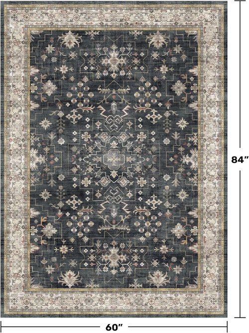 **Skiennix Black Boho Living Room Rug - Washable Vintage Low Pile Non-Slip Carpet | 5x7 Size for Indoor Decor**