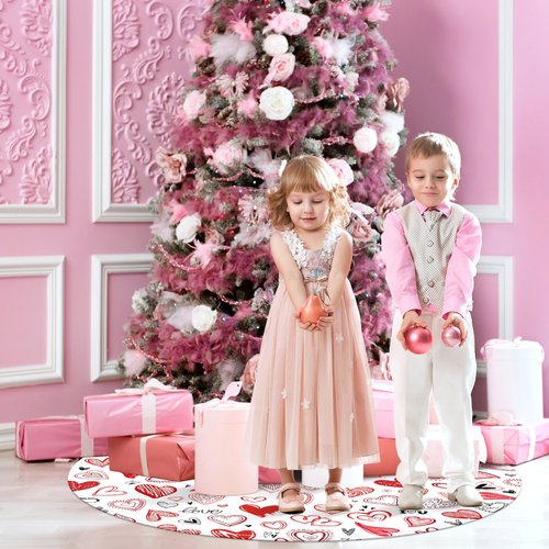 Valentine's Day Tree Skirt 48 Inch Red Love Heart Xmas Tree Skirt Indoor Outdoor Valentines Decorations Romantic Christmas Tree Mat for Home Party Holiday Decor