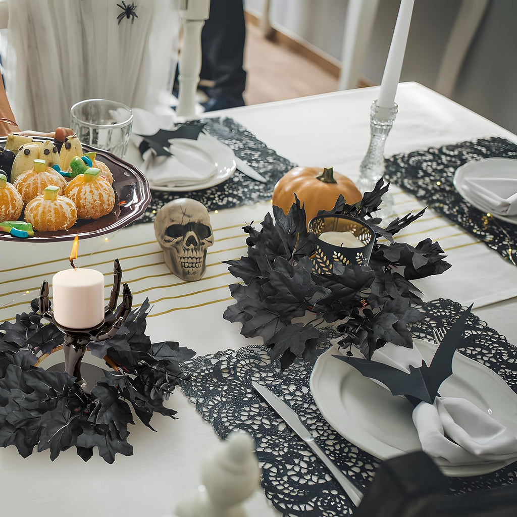 Skiennix 6Pcs Black Candle Rings - Halloween Maple Leaf Wreaths for Fall Table Centerpieces