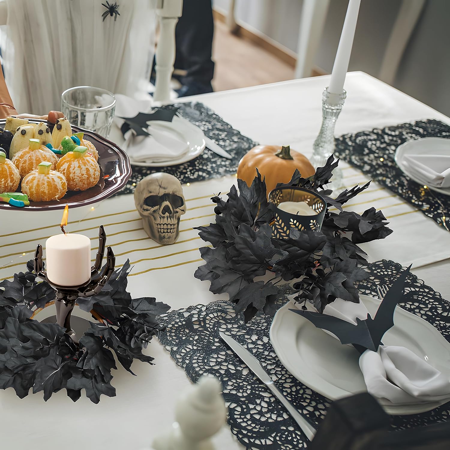 Skiennix 6Pcs Black Candle Rings - Halloween Maple Leaf Wreaths for Fall Table Centerpieces