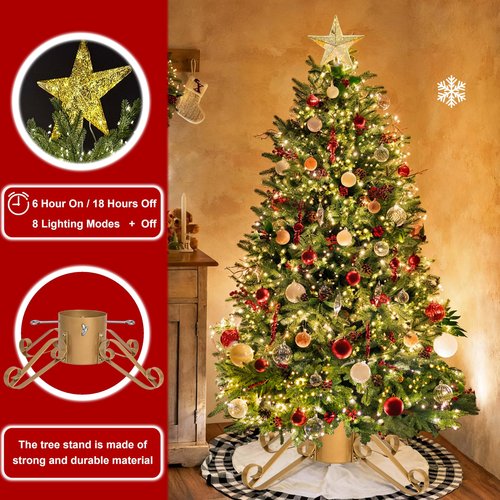 10FT Christmas Tree Stand for Real & Artificial Trees, 24" Base Holds up to 10 ft Live Trees & 3D Tree Topper with Timer, 20 Clear Lights & 8 Light Modes (Gold)