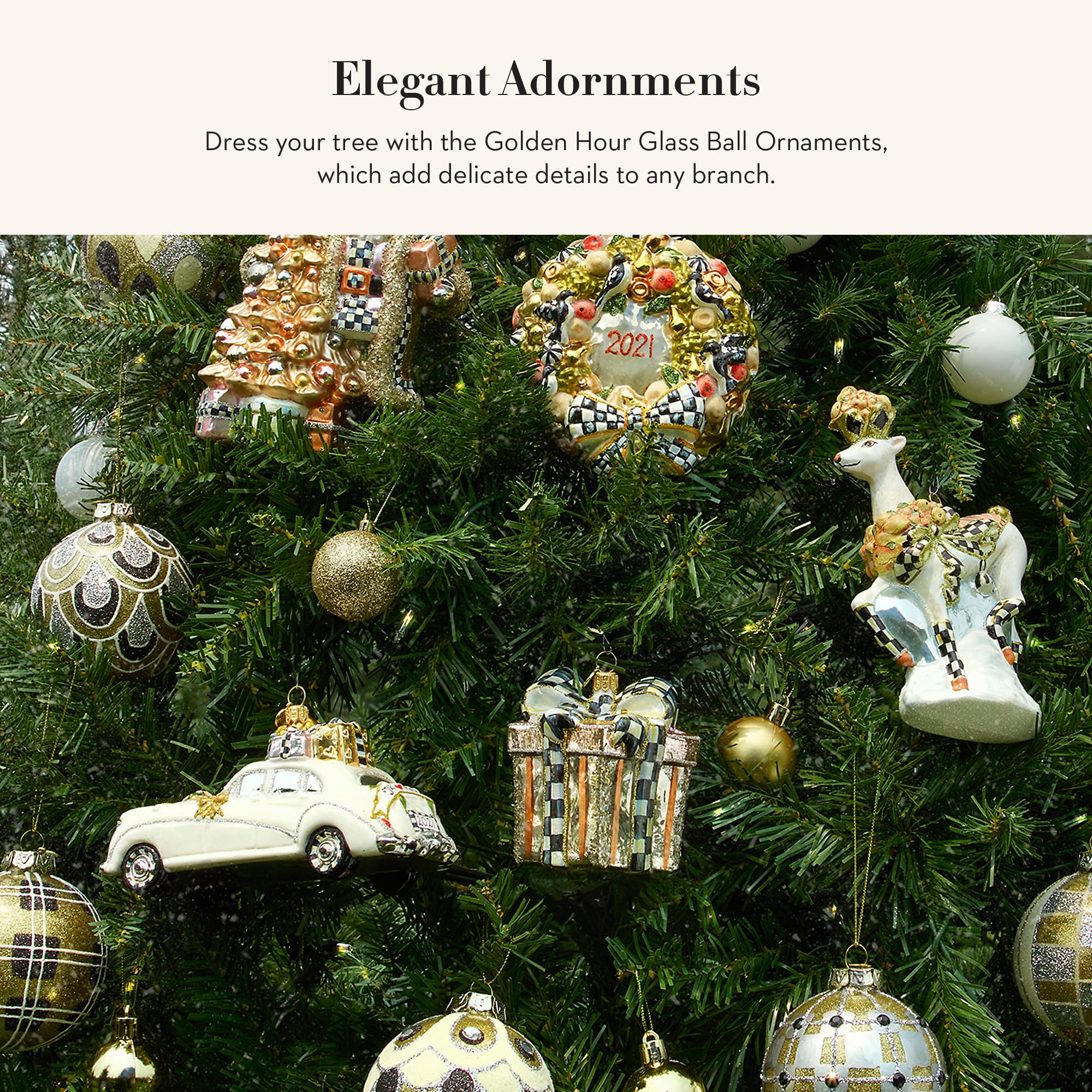 MACKENZIE-CHILDS Set of 6 Glass Ball Ornaments, Christmas Tree Decorations Set for Indoor Holiday Arrangements, Golden Hour