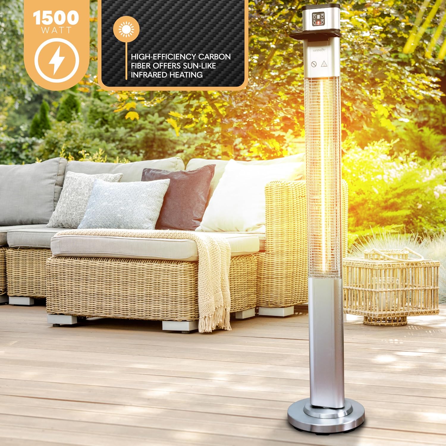 SereneLife Infrared Patio Heater - 1500W Electric Indoor/Outdoor Portable Heater with Remote Control | Silver
