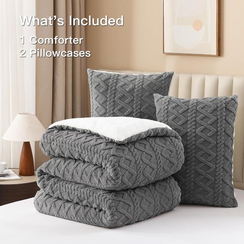 Andency Fluffy Sherpa Queen Comforter Set - Super Soft Gray Fleece Bedding | Luxury 3-Piece Boho Design