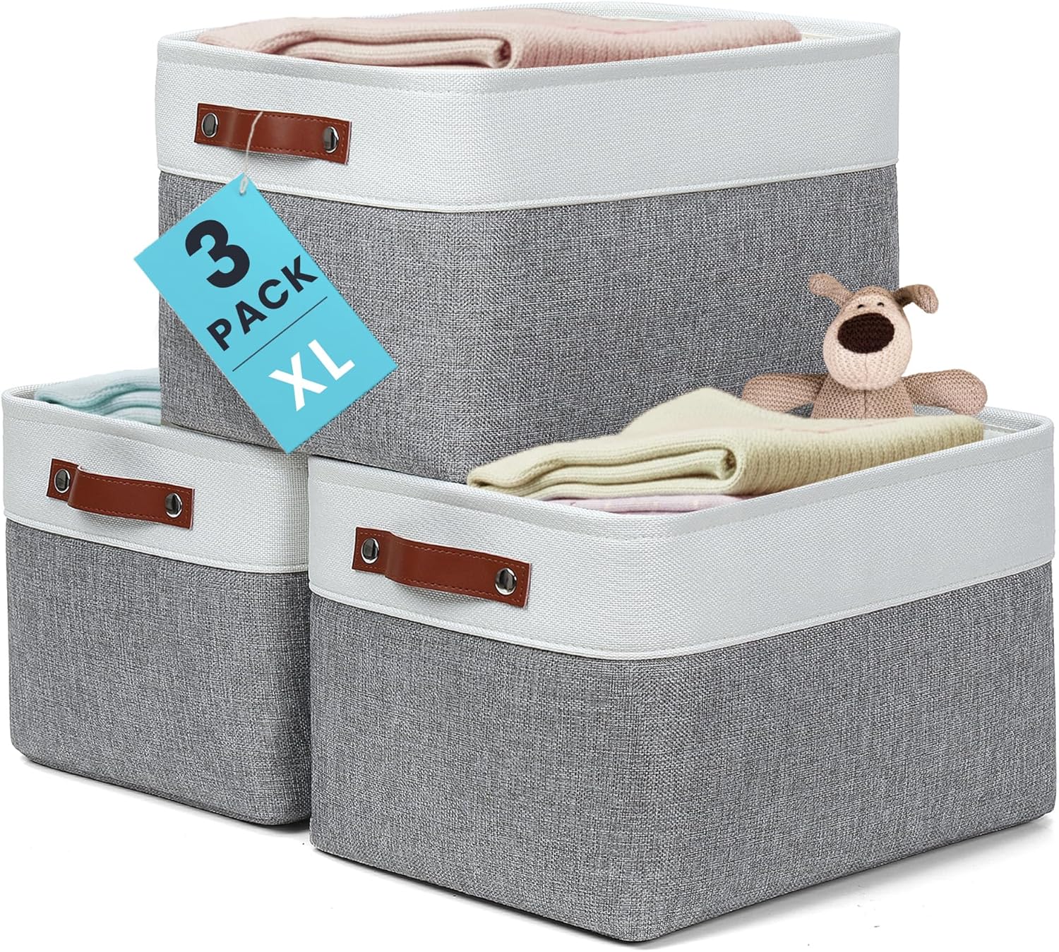OrganiHaus Extra Large Fabric Storage Baskets - 3 Pack Canvas Organizers for Shelves | 16x13in Gray/Off-White