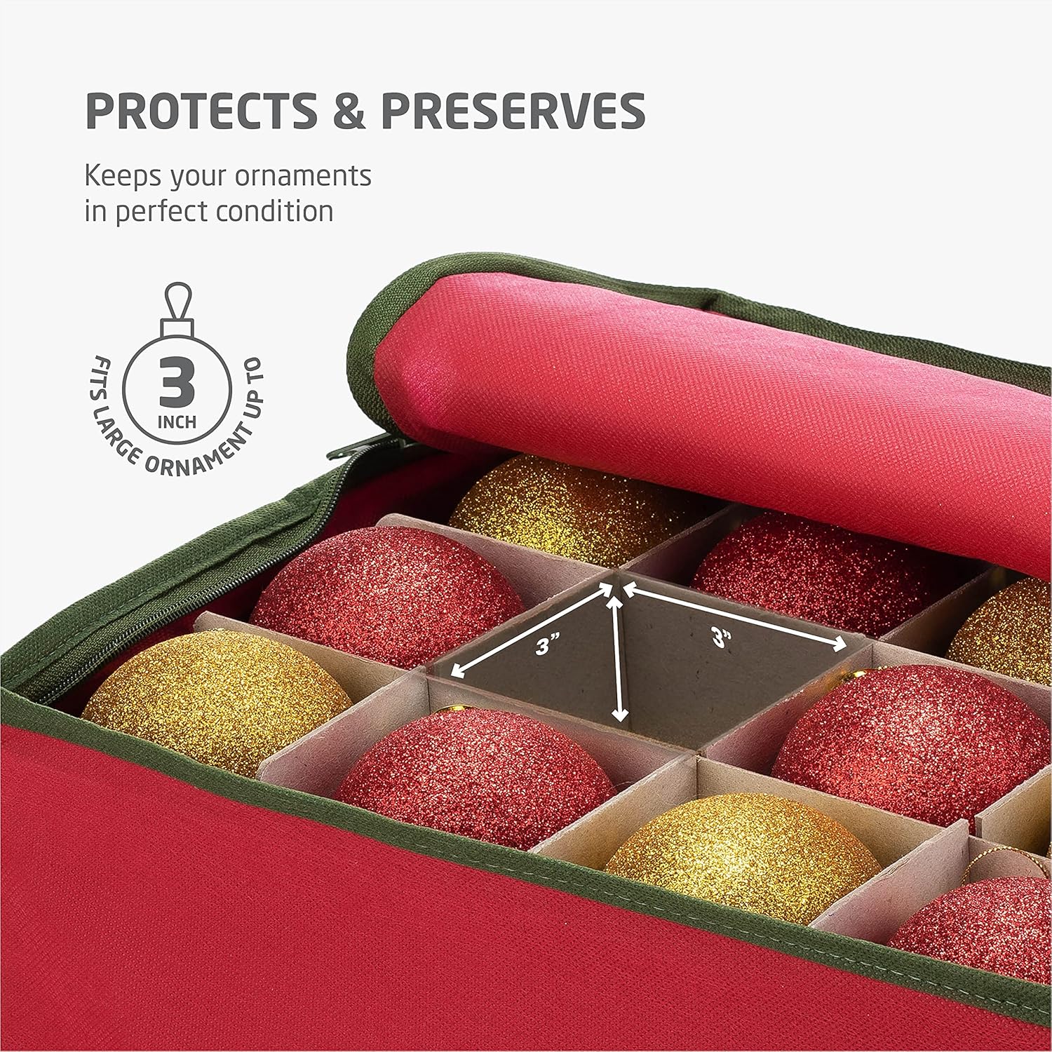 ZOBER Ornament Storage Box - Holds 64 3" Ornaments with Dividers - Durable Tear-Proof 600D Oxford Fabric | Red