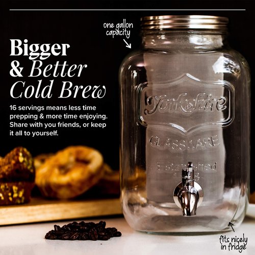Willow & Everett Cold Brew Coffee & Iced-Tea Maker Pitcher, 1 Gal Glass Dispenser w/Metal Spigot & Mesh Filter Iced Coffee & Sun Tea Brewing System