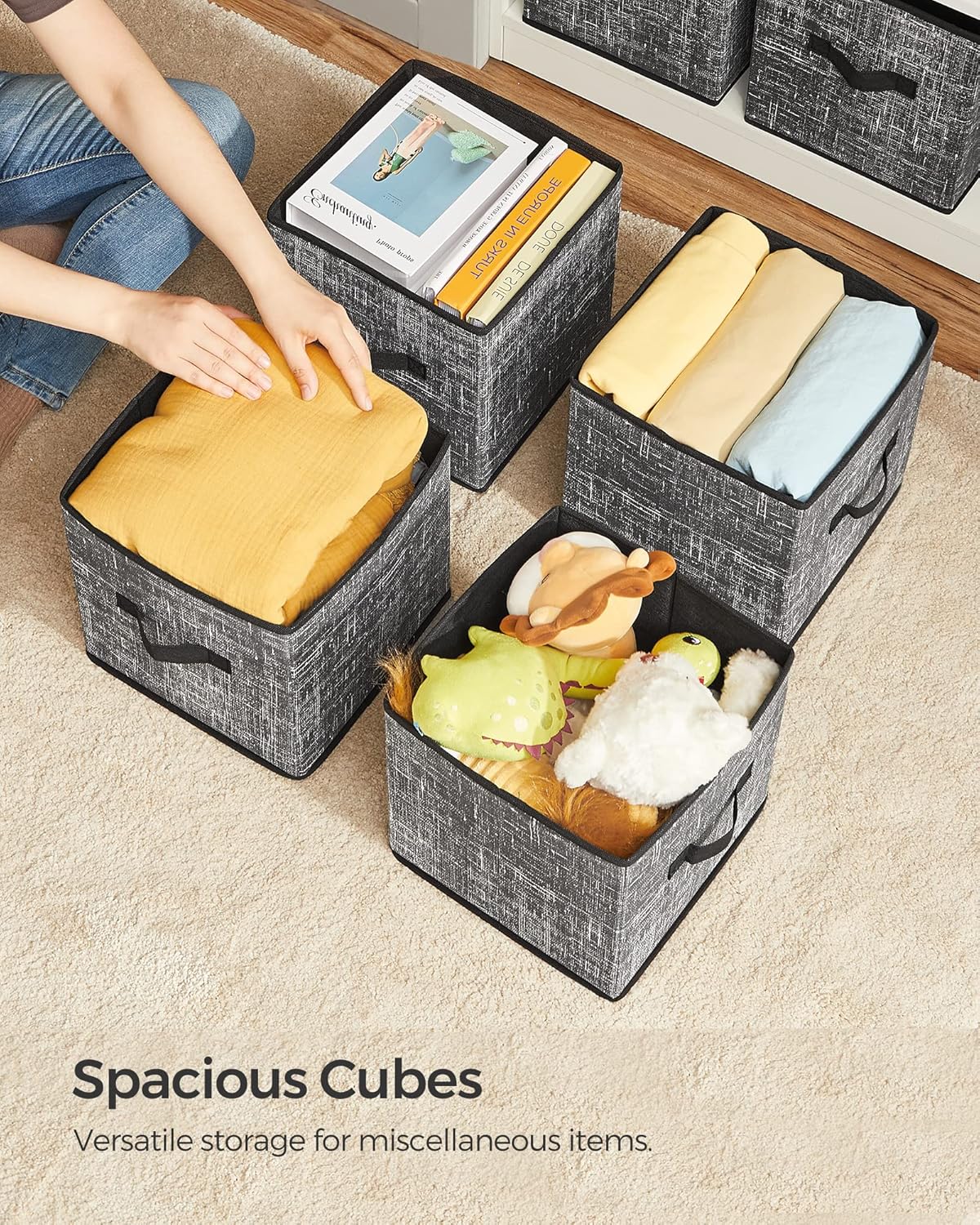 SONGMICS Storage Cubes - 11-Inch Foldable Non-Woven Fabric Bins with Double Handles | Set of 6 in Classic Black for Closet Organization