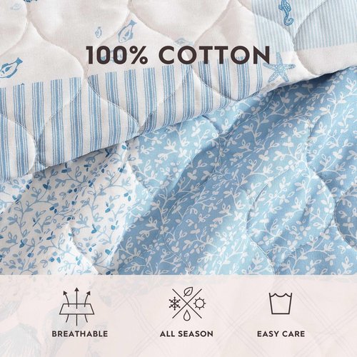 Laura Ashley - Twin Quilt Set, Reversible Premium Bedding with Matching Sham, Luxuriously Soft Home Decor (Colleens Coastal Patchwork Blue, Twin)