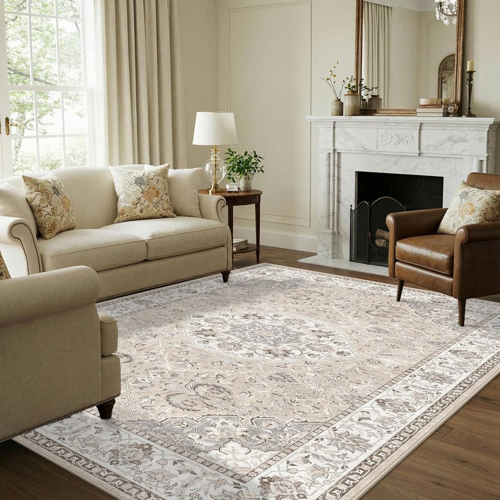 Skiennix 7x10 Area Rug - Washable Vintage Design for Living Room, Bedroom & Office | Durable Non-Slip Carpet in Beige