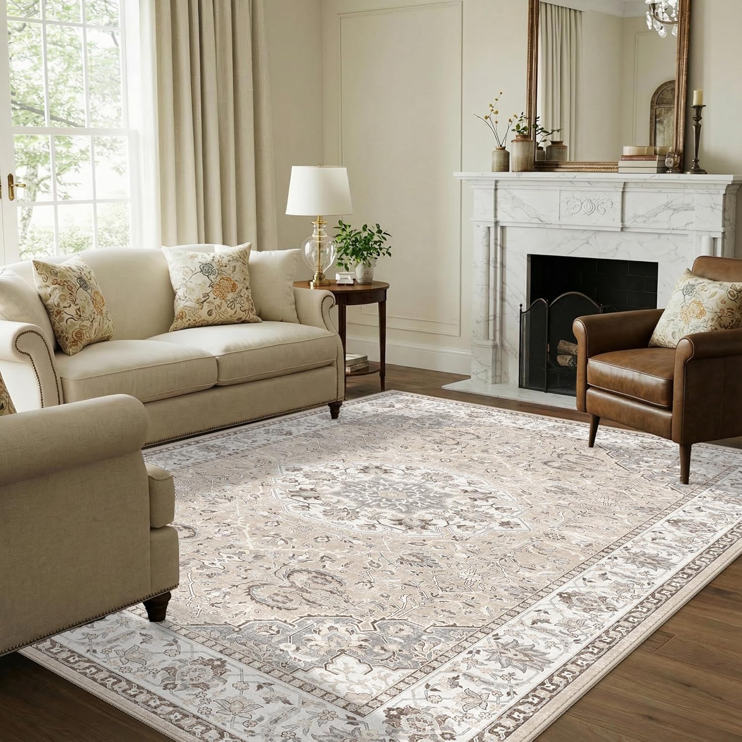 Skiennix 7x10 Area Rug - Washable Vintage Design for Living Room, Bedroom & Office | Durable Non-Slip Carpet in Beige