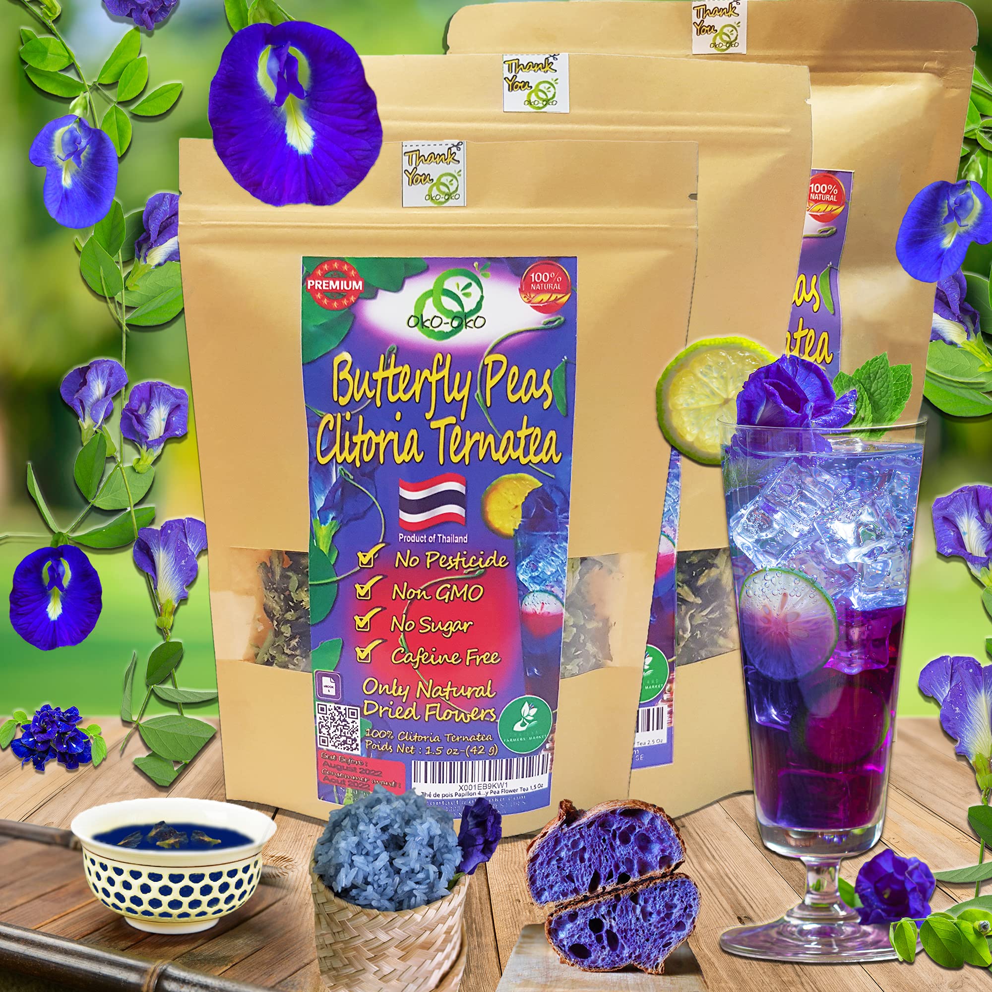 Butterfly Pea Tea 35.27 Oz / 1 kg | OkO-OkO - Premium - WHOLE DRIED FLOWER from Thailand - Blue natural infusion - Herbal tea - Organic Vegan food coloring - Natural color changing cocktail and meal