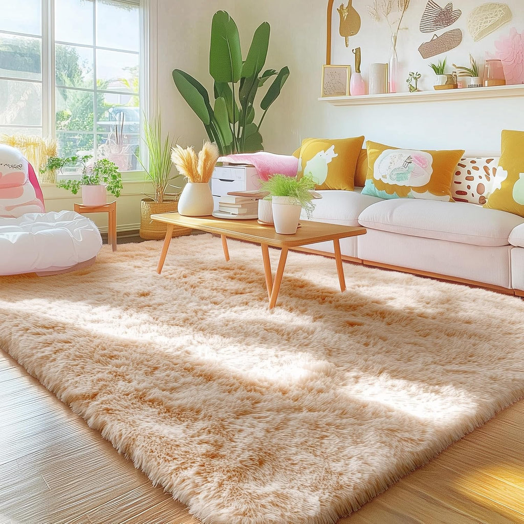 OLANLY Area Rugs - Soft Fluffy Shaggy Indoor Carpet for Living Room & Bedroom | Beige, Machine Washable