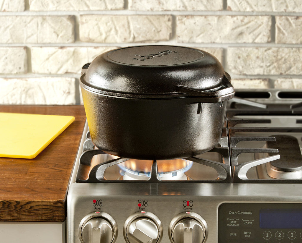 Lodge Cast Iron Double Dutch Oven 5 Quart - Pre-Seasoned 2-in-1 Cast Iron Cookware - Pot & Skillet Combo - Even Heat Retention - Oven-Safe, Versatile Pot