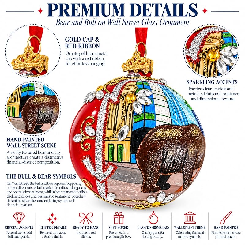 Bear and Bull on Wall Street Glass Ball Christmas Ornament - 4 Inch Handmade Ukrainian Craft
