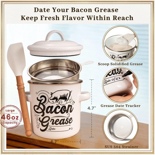 Ayerphalo Bacon Grease Container with Strainer - 46OZ Large Capacity, With Silicone Wooden Spatula, Enamel Bacon Grease Keeper for Bacon Drippings, Farmhouse Kitchen Decor, Dishwasher Safe