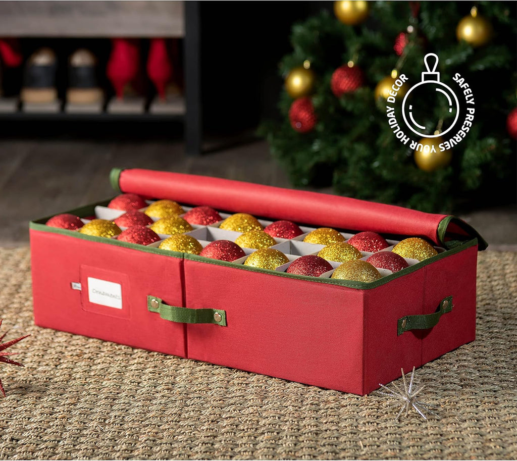 ZOBER Ornament Storage Box - Holds 64 3" Ornaments with Dividers - Durable Tear-Proof 600D Oxford Fabric | Red