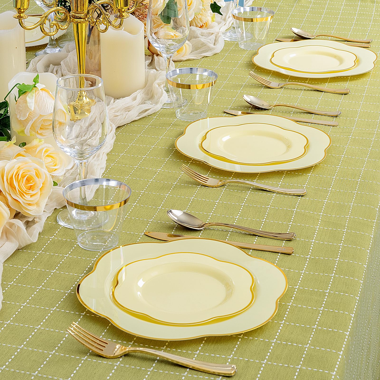 Liacere 50PCS Yellow Plastic Plates - Heavy Duty Disposable -Yellow and Gold Include 25PCS 7inch and 25PCS 10inch Plates for Mothers Day & Baby Shower & Spring & Party