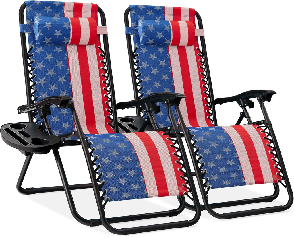 Best Choice Products Adjustable Steel Mesh Zero Gravity Lounge Chairs - Set of 2 with Pillows & Cup Holders | American Flag Design