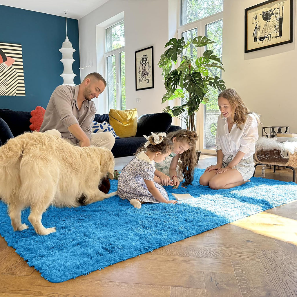 OLANLY Soft Fluffy Shaggy Bedside Rug - Machine Washable 2x3 Entryway Carpet in Bright Blue